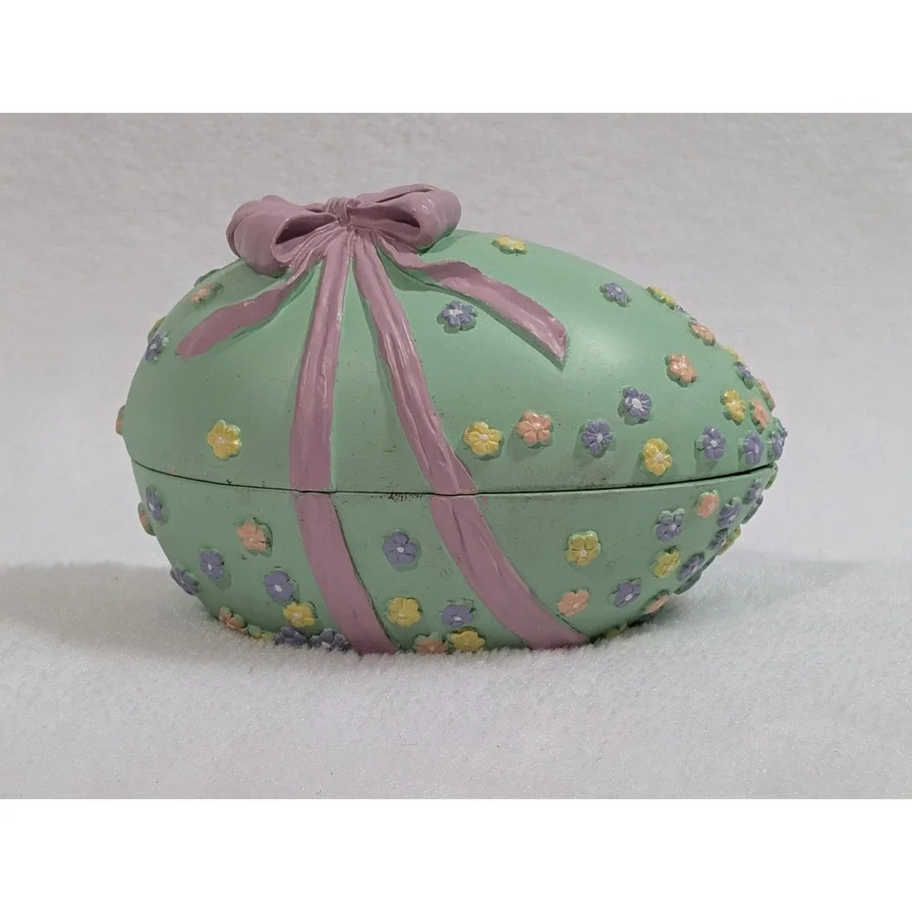 Vintage 90s Easter Egg Bunny Fishing Figurine Pastel Bow Knick Knack Decor Opens
